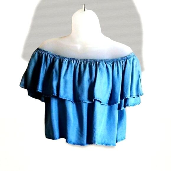 CROP TOP by Forever 21 Chambray Off The Shoulder Size LARGE - Picture 1 of 2